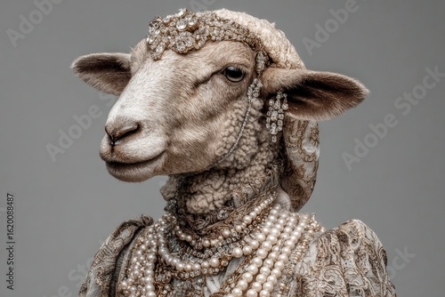 Opulent sheep portrait bejeweled headwear  pearls adorn an animal