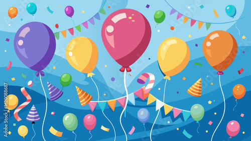 Vector art of an energetic and celebratory scene with an array of colorful balloons, party hats, confetti, and streamers, perfect for conveying excitement and festivity