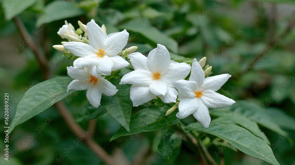 Delicate White Flowers With Orange Centers Surrounded By Green Leaves In A Natural Setting Delicate White Flowers With Orange Centers Surrounded By Green Leaves In A Natural Setting