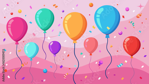 Vector art of a cheerful assortment of bright, colorful balloons drifting upwards on strings, set against a soft pink backdrop sprinkled with confetti and streamers for a festive mood
