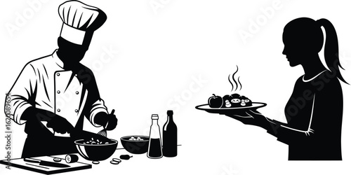Chef preparing food and waitress serving dish silhouette
