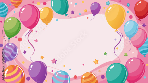 Vector art of a cheerful and lively backdrop featuring an assortment of bright balloons and sparkling confetti, ideal for birthday parties and festive occasions with plenty of room for text