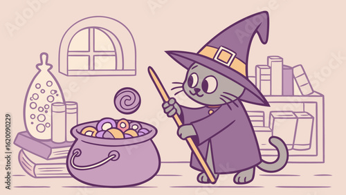 Adorable cartoon cat dressed as a witch stirs a bubbling cauldron filled with colorful potions and magical ingredients in a cozy dimly lit room