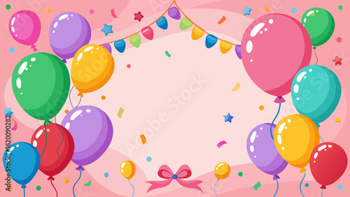 Vector art of a cheerful arrangement of balloons and confetti forms a decorative border, perfect for birthday, party, and celebration invitations and announcements