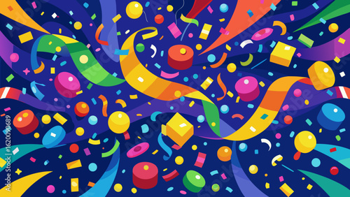 Vector art of a vibrant and colorful abstract background filled with confetti, streamers, and ribbons, perfect for celebrating any festive occasion with joy and excitement