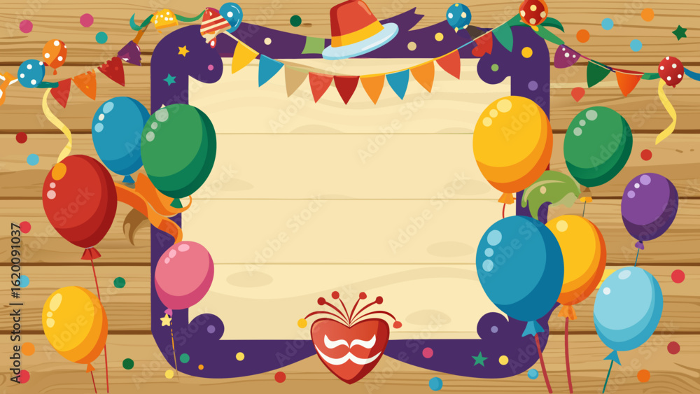 Fototapeta premium Vector art of vibrant celebration with numerous colorful balloons, festive bunting, confetti, and a sombrero on a wooden background, perfect for party invitations