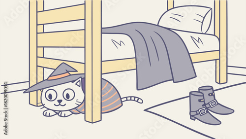A cute cartoon cat dressed as a witch peeks out from under a bunk bed next to a pair of boots ready for halloween fun