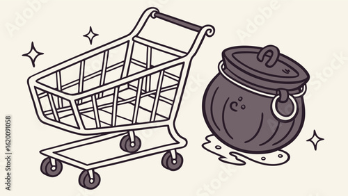 A whimsical illustration depicts an empty shopping cart next to a bubbling cauldron suggesting a magical or unconventional shopping experience