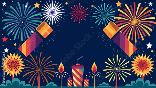 Vector art of colorful fireworks exploding in the dark night sky, celebrating a festive event with bright bursts and sparkling lights, a vibrant illustration for new years eve or any celebration