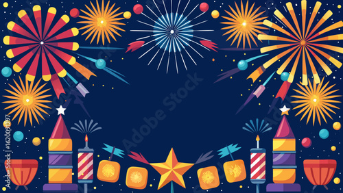 Vector art of a vibrant display of colorful fireworks and festive elements illuminating the dark night sky, perfect for celebrating holidays, parties, and special events with joy and excitement