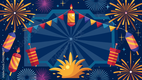 Vector art of festive night sky filled with colorful fireworks and traditional lanterns, celebrating a joyous festival with bright explosions and festive decorations