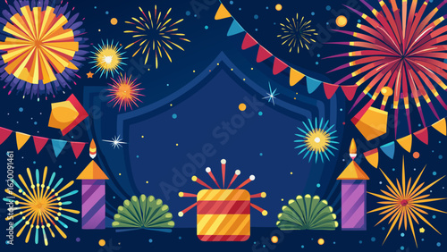 Vector art of vibrant fireworks illuminate the dark night sky during a festive celebration, featuring colorful explosions and decorative elements for a joyous holiday
