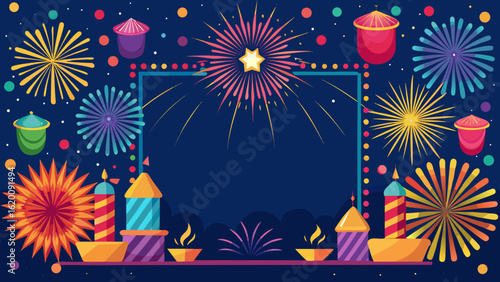 Vector art of a dazzling display of colorful fireworks and traditional lanterns lights up the night sky, creating a festive atmosphere for a special cultural celebration