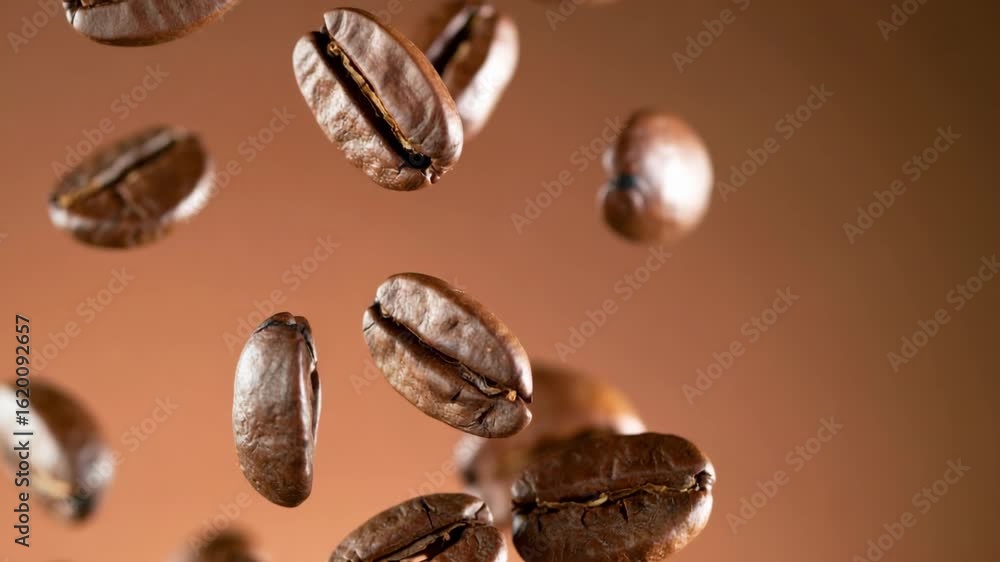 Coffee beans floating with depth on brown Coffee beans floating with depth on brown