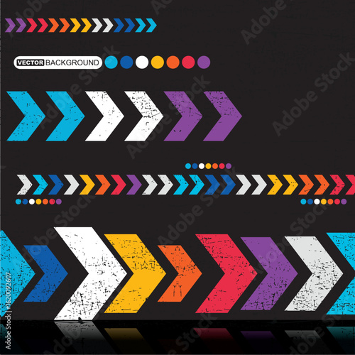 Abstract background with colorful right-pointing arrows. The grunge texture gives the image a vintage effect. Perfect for design, advertising, posters, and digital projects.