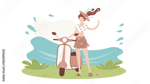 Illustration of a woman in a hat and polka dot outfit with a scooter near a body of water scene