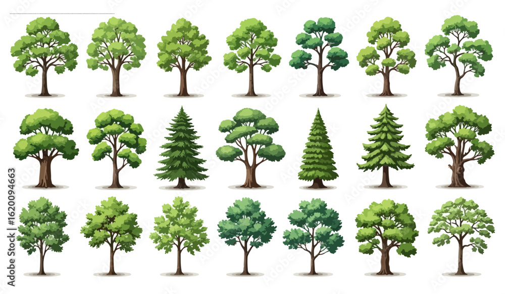 Fototapeta premium Variety of Tree Illustrations – Green Trees Collection Vector Set