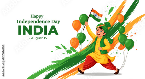 Vibrant vector illustration celebrating India's Independence Day, featuring a cheerful child waving the national flag amidst festive balloons and dynamic brush strokes.