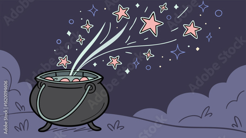 A whimsical cauldron bubbles with magical energy releasing sparkling stars and ethereal wisps into a twilight sky filled with soft clouds and celestial elements