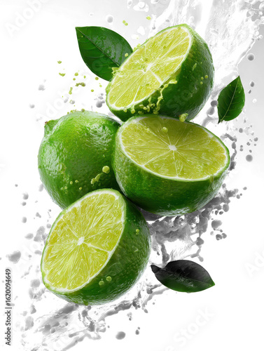 lime and bright slices, suspended in a dynamic spiral of green juice splashes
