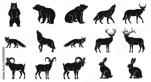 Collection of black silhouettes of wild animals including bears, wolves, foxes, deer, goats, and rabbits in various poses.