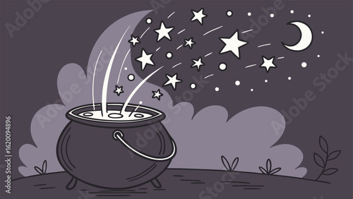 A magical cauldron bubbles with starlight and a crescent moon shines in the night sky creating an enchanting fantasy scene