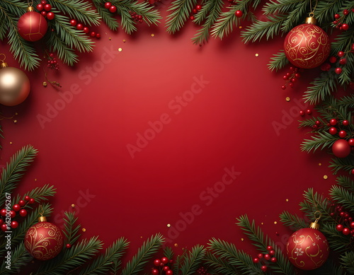 Wallpaper Mural Festive Christmas Border Featuring Ornaments and Fir Branches on Red Background Torontodigital.ca
