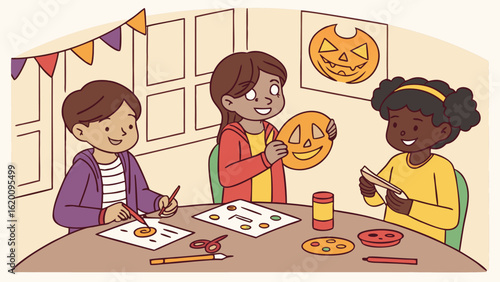 Children happily engaged in a halloween craft activity creating jack o lanterns and decorating with festive colors and supplies