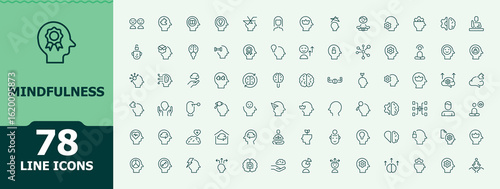 Mindfulness modern line icon set. Pack of mind, psychology, spirit, stress, mental and more. Mental line icon set. Minimalist linear icons. Signs for web and mobile app.