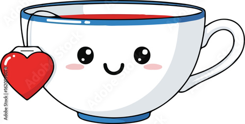 A cute teacup with a heart shaped tea bag illustration