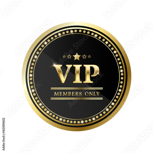 Luxury round VIP emblem with golden decoration and diamonds, black circle badge vector for casino, premium membership, exclusive club, loyalty program, business prestige or elite status icon