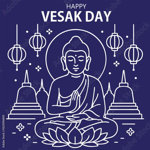 Happy Vesak Day doodle vector background filled with symbolic elements like Bodhi trees, prayer hands, lanterns, and Buddha’s face, ideal for holy day visuals and cultural materials.

