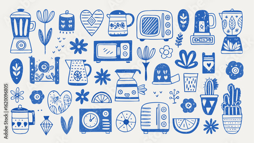 Collection of blue drawn kitchen appliances flowers and decorative items on a white background design