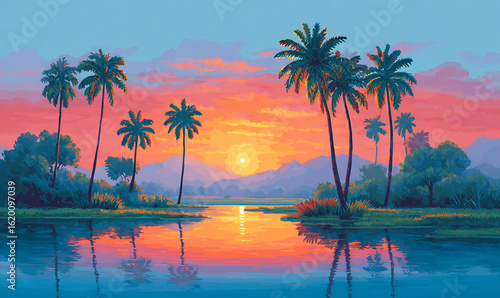 tranquil lagoon surrounded by palm trees at sunset