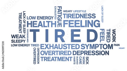 Tired animated word cloud-text design animation tag kinetic typography seamless loop.