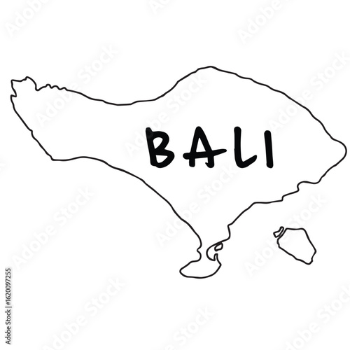 A black and white vector map of Bali Island, Indonesia, outlined in bold black, perfect for travel guides, cultural posters, or minimalist geographic illustrations.

