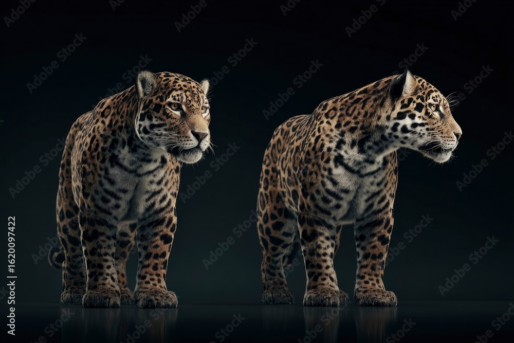Naklejka premium Two jaguars stand sidebyside facing different directions on a dark reflective surface