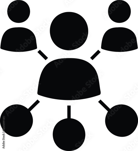 A simple black and white illustration of a central figure connected to other figures and circles around it silhouette