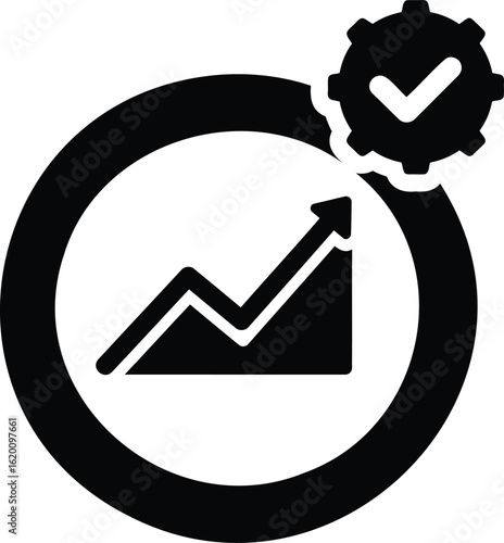 Black and white image showing a graph with an upward trend inside a circle and a gear with a checkmark silhouette