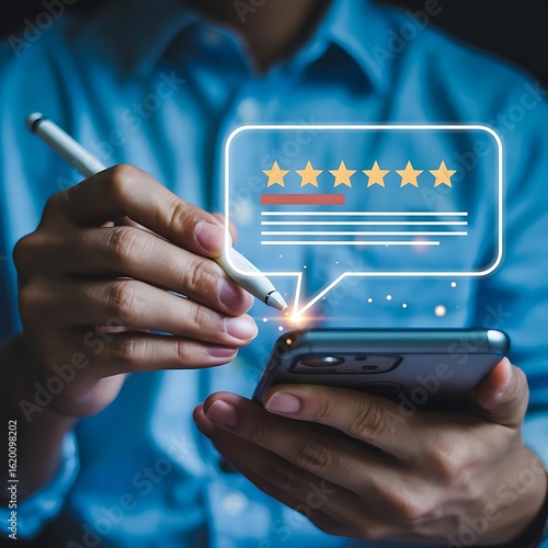 A person providing a review on a mobile phone, representing customer feedback and satisfaction with a service