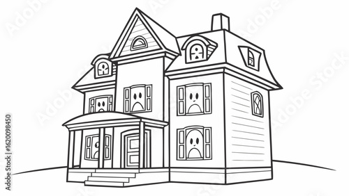 A spooky victorian house with sad ghost faces in the windows perfect for halloween decorations and coloring pages
