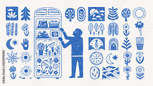 Illustration of a person opening a refrigerator filled with nature themed drawings and additional nature icons