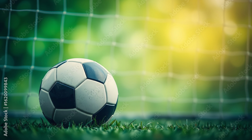 Obraz premium A dramatic soccer scene with a ball in front of the goal under spotlight.