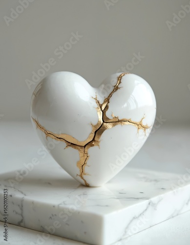 White heart sculpture with golden kintsugi cracks on marble. Resilience, healing, acceptance of imperfection. Studio shot with soft light, shallow depth of field, unique hand-made ceramic art.