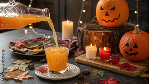 Festive scene featuring pitcher pouring orange punch into glass, surrounded by autumn leaves, pumpkins, candles, and decorative elements, creating warm and inviting atmosphere