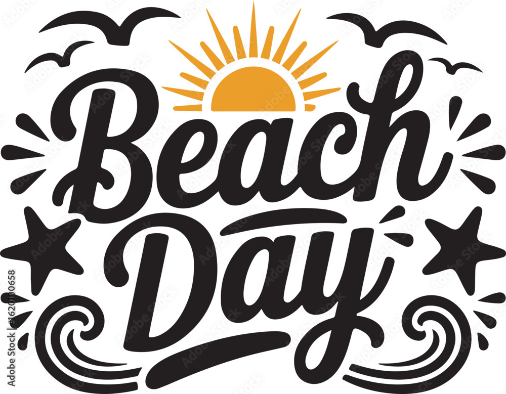 Obraz premium Beach Day Sun and Wave Vector with Birds and Starfish