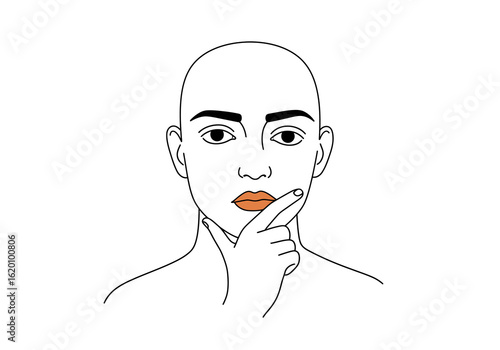 A minimalist line drawing of a thoughtful bald person with orange lips, resting their chin on their hand.