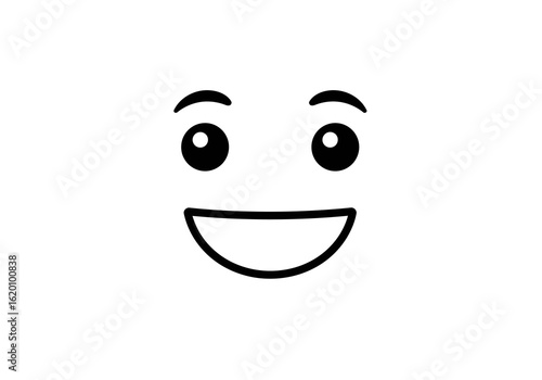 A simple black and white line drawing of a classic toy character's happy, smiling face.
