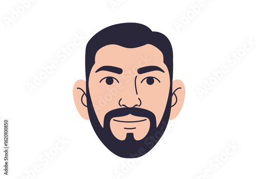 A minimalist flat vector illustration of a man's face with dark hair, a beard, and a mustache, shown from the front view.