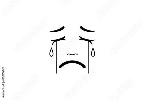 A simple black line drawing of a cartoon face with a frown, crying tears from its closed eyes.